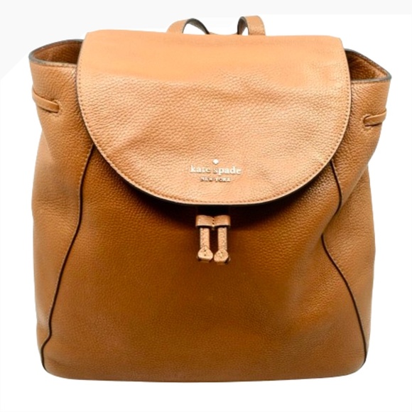 KATE SPADE~Leila~Large Flap Drawstring Backpack Warm Gingerbread Brown Leather - Picture 2 of 6